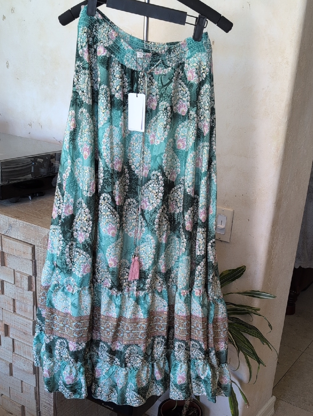 Chelsea & Theodore Teal Green Maxi Skirt with Pink Floral Accents